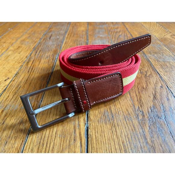 PAUL STUART Red/Yellow Stripe Stretch Belt w/Leather Trim Mens sz 42 - Picture 4 of 12